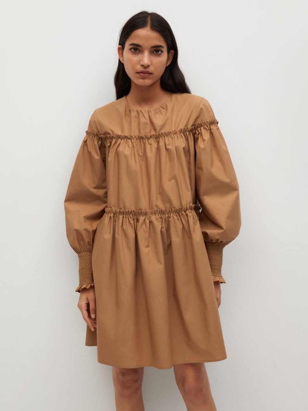 Mango Organic Cotton Balloon Sleeve Mini Dress Light Brown Size 4